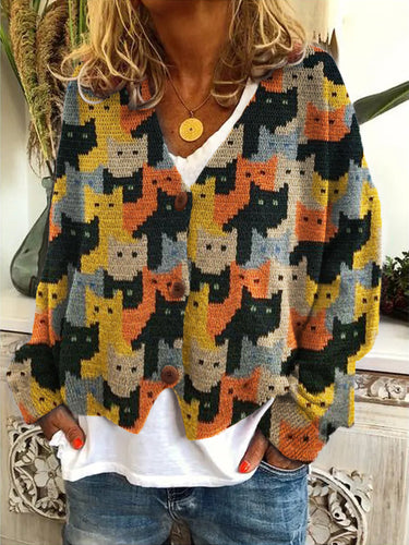 Colorful Cats Crochet Art Cozy Knit Cardigan