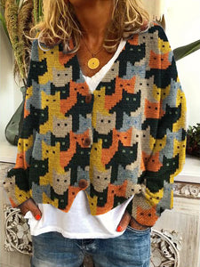 Colorful Cats Crochet Art Cozy Knit Cardigan