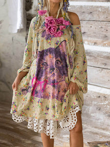 Flora Cat Art Cotton Blend Midi Dress