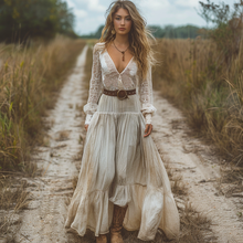 Load image into Gallery viewer, Women's Retro V-neck Country Pastoral Linen Style Long-sleeve Casual Maxi Long Dress