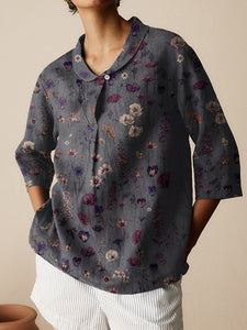 Women's Floral Art  Print Casual Linen Cotton 3/4 Sleeve Shirt