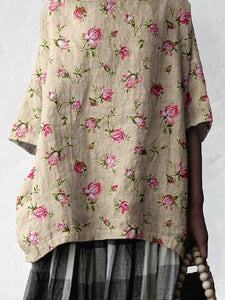 Women's Elegant Simple Rose Floral Print Linen Top