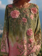 Load image into Gallery viewer, Vintage Pink Rose Embroidered Gradient Linen Tunic