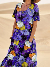 Load image into Gallery viewer, Multicolor Pansy Floral Repeat Pattern Printed Women's Linen Pocket Dress