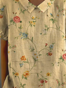 Women's Retro Floral Art Print Casual Cotton And Linen Shirt