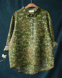 Japanese Floral Art Print Casual Cotton and Linen Shirt