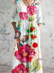 Women's Poppy Print V-Neck Cotton And Linen Dress