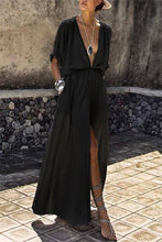 Load image into Gallery viewer, Deep V-neck Solid Color Mid-sleeve Large Swing Skirt Split Long Dress