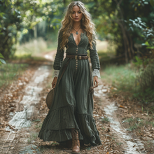 Load image into Gallery viewer, Women's Vintage V-neck Linen Long-sleeve Maxi Long Dress