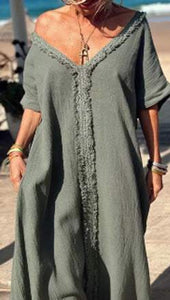 Deep V Two-wear Cotton and Linen Dress