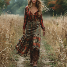 Load image into Gallery viewer, Women's Retro V-neck Plaid Long-sleeve Bohemian Pastoral Style Maxi Long Dress