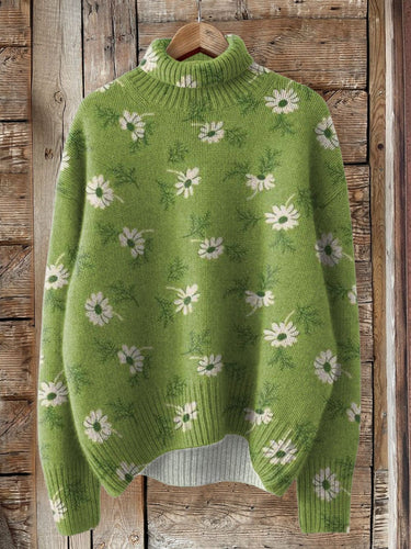 Lovely Floral Art Print Knit Turtleneck Pullover Sweater