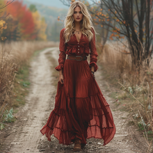 Load image into Gallery viewer, Women's Retro V-neck Country Pastoral Linen Style Long-sleeve Casual Maxi Long Dress
