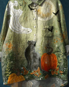 Vintage Lovely Ghost Black Cat Halloween Art Print Casual Cotton And Linen Shirt