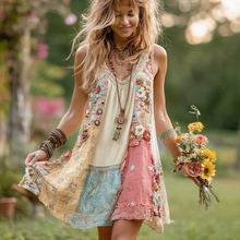 Load image into Gallery viewer, Women's Retro Floral Stitching Cotton And Linen Sleeveless Short Dress