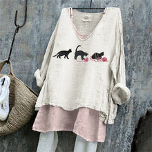 Load image into Gallery viewer, Black Cats With Pink Yarn Balls Embroidered Linen Tunic