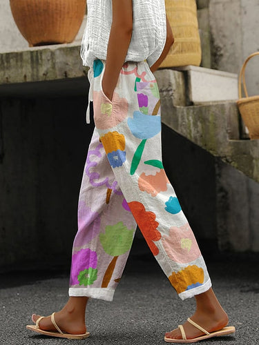 Botanical Floral Print Paneled Casual Baggy Trousers