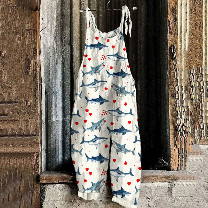 Vintage Love At First Bite Heart Shark Graphic Painting Art Loose Jumpsuit