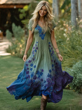 Load image into Gallery viewer, Boho Scottish Thistle Embroidered Women's Short Sleeve Maxi Dress