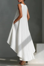 Load image into Gallery viewer, Women's White Linen Fabric Sleeveless Midi Dress With Round Neck &amp; Asymmetric Hem