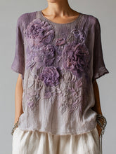 Load image into Gallery viewer, Vintage Purple Floral Embroidered Gradient Linen Shirt