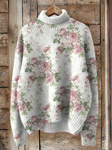 Fresh Pink Roses Print Knit Turtleneck Pullover Sweater