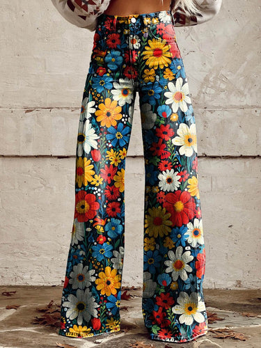 Women's Colorful Flower Print Casual Wide Leg Pants