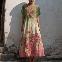 Load image into Gallery viewer, Vintage Pink Rose Embroidered Gradient Linen Maxi Dress