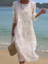 Load image into Gallery viewer, Women's Casual  Round Neck Mid Sleeve Print Cotton and Linen Dress