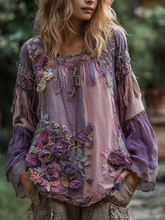 Load image into Gallery viewer, Women's Vintage Floral Stitching Long Sleeve Round Neck Shirt