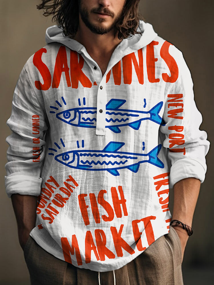 Men's Japanese Fashion Fish Art Linen Hooded Long Sleeve Shirt