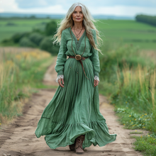 Load image into Gallery viewer, Women's Vintage Pastoral Style V-neck Linen Long-sleeve Maxi Long Dress