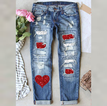 Load image into Gallery viewer, Vintage Valentine's Day Heart Printed Ripped Jeans