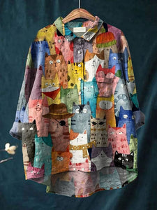 Watercolor Cute Cats Repeat Pattern Printed Women's Casual Cotton And Linen Shirt