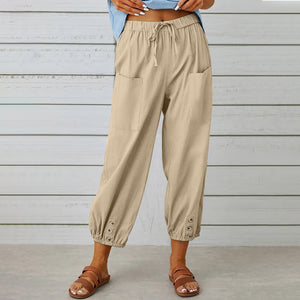 High Waisted Button Cotton Linen Wide Leg Cropped Pants