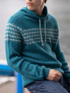 Men'S Vintage Blue Knitted Jacquard Hooded Sweater