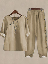 Load image into Gallery viewer, 5/4 Sleeved Cotton Linen Top And Pants Two-piece Set