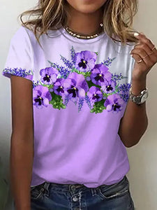 Women's Purple Flower Alzheimer's Awareness Support Casual O-Neck Tee