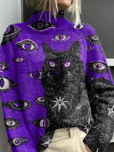 Load image into Gallery viewer, Sacred Black Cat Art Printed Knit Turtleneck Pullover Sweater