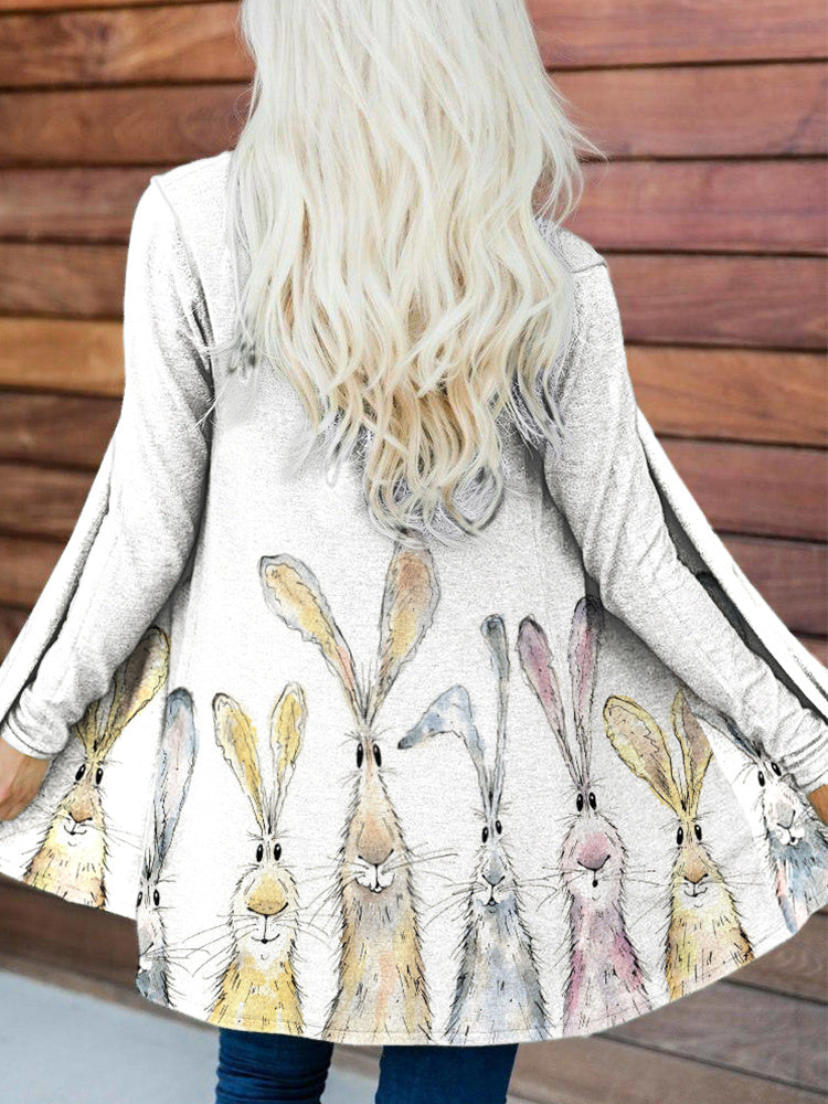 Watercolor Bunny Print Casual Cozy Cardigan