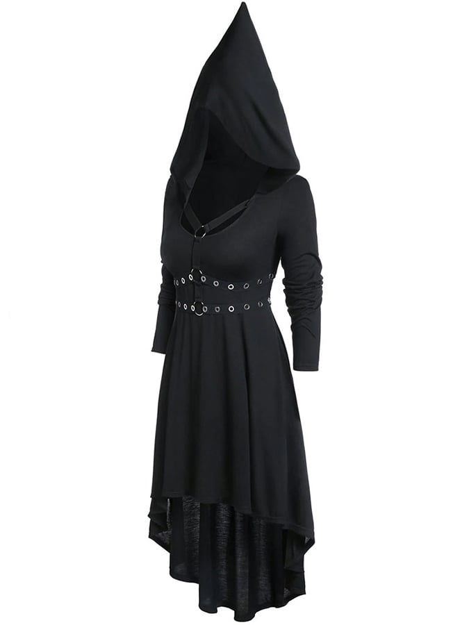 Halloween Punk Solid Rivet Waisted Pointed Hooded Dress