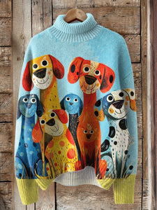 Funny Dog Art Print Knit Turtleneck Pullover Sweater