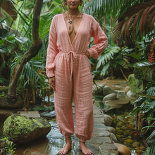 Load image into Gallery viewer, Women&#39;s Linen Retro Ethnic Bohemia Style Large Silhouette V-neck Jumpsuit