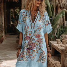 Load image into Gallery viewer, Women's Floral Embroidery Art V Neck Comfy Midi Dress