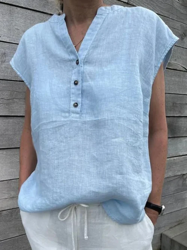 Greattioa-Cotton Linen Shirt Ladies Casual V-Neck Button Short Sleeve Solid Color Top