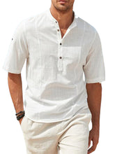 Load image into Gallery viewer, Mens Cotton Linen Henley Shirt Casual Button Down Short Sleeve Tropical Shirts Summer Beach T Shirts