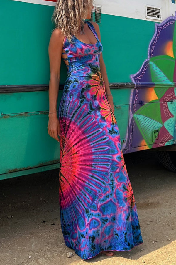 Barbie La Bamba Tie-dye Print Back Lace-up Stretch Maxi Dress