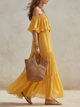 Load image into Gallery viewer, Vibrant Sunflower Yellow Off-the-Shoulder Tiered Chiffon Maxi Dress