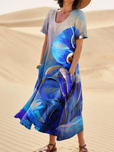 Load image into Gallery viewer, Blue Phalaenopsis Floral Art Printed Women's Linen Pocket Dress