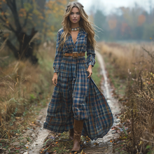 Load image into Gallery viewer, Women's Retro V-neck Plaid Long-sleeve Bohemian Pastoral Style Maxi Long Dress
